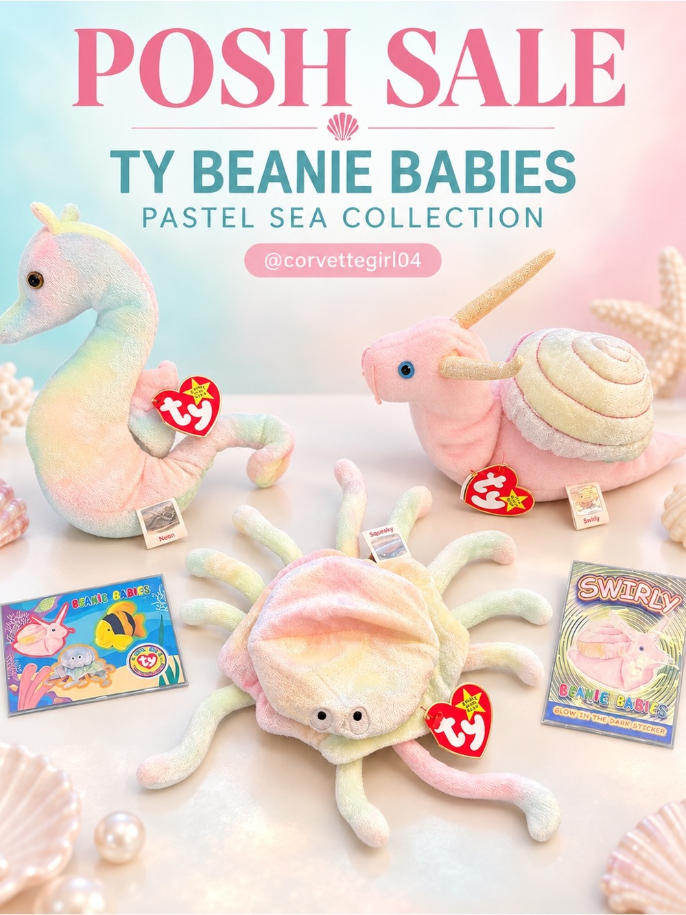 Ty Pastel Sea Beanie Babies Plush Set - Pink, Mint, Yellow